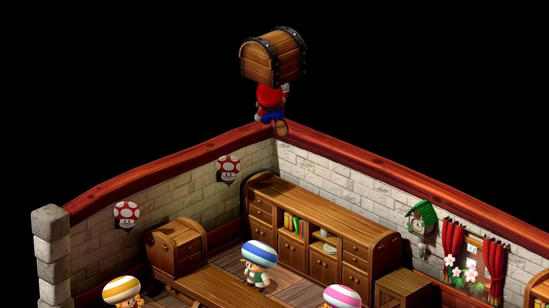 Mario jumping in a shop.
