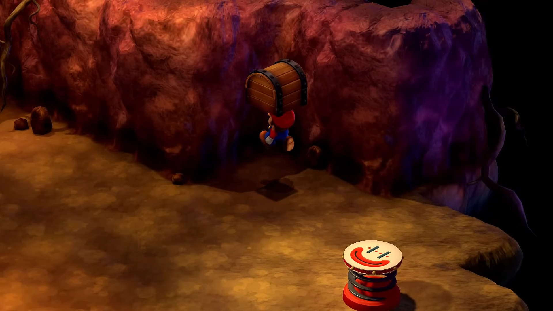 Mario in a cave near a spring.