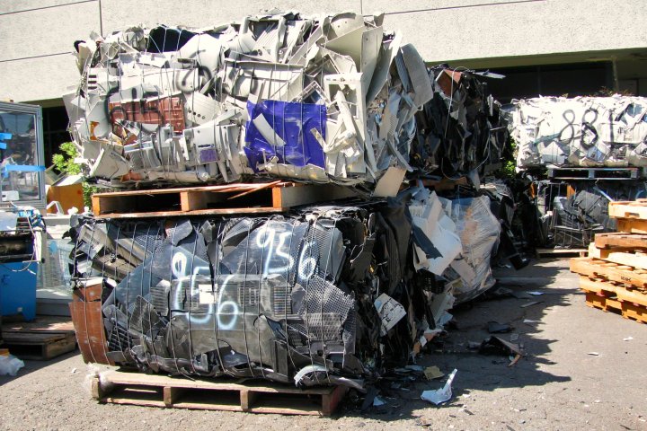 A photo of e-waste bundled and ready for recycling.