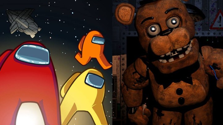 A few of the astronauts from Among Us and Freddy Fazbear from Five Nights At Frddy's.