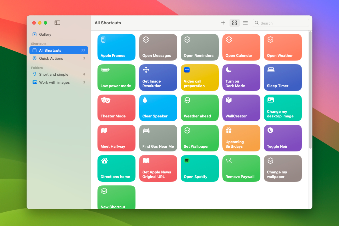 The Shortcuts gallery in Apple's Shortcuts app running on macOS Sonoma.