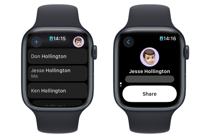 Two Apple Watches showing steps in Contacts app to start NameDrop sharing.