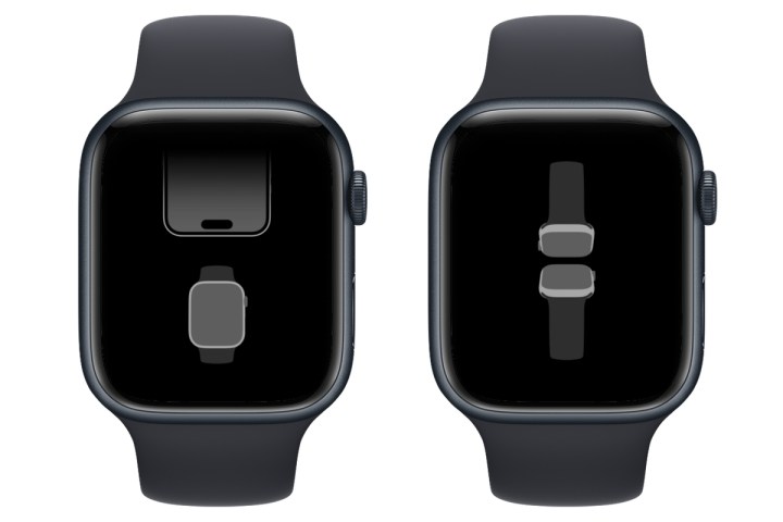 Two Apple Watches showing illustrations for NameDrop sharing.