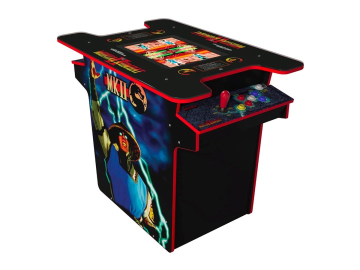 Arcade1Up Mortal Kombat arcade machine on white background.