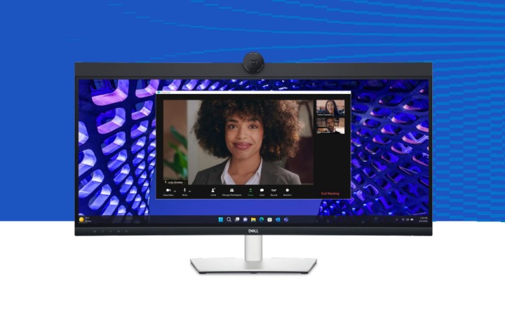 اضغط على صورة شاشة مؤتمرات الفيديو المنحنية مقاس 34 بوصة من Dell P3424WEB على خلفية زرقاء.