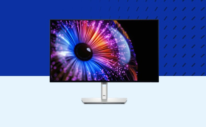 اضغط على صورة شاشة Dell Ultrasharp 27 Thunderbolt Hub Monitor U2724DE على خلفية زرقاء.