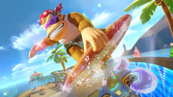 Funky Kong doing a trickjump in Mario Kart 8.