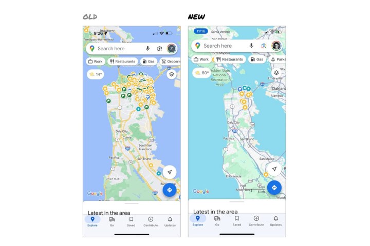 Comparación de los esquemas de color antiguos y nuevos de Google Maps en 2023.