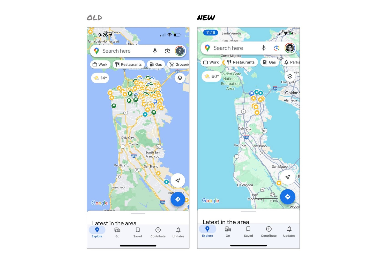 Comparación de los esquemas de color antiguos y nuevos de Google Maps en 2023.