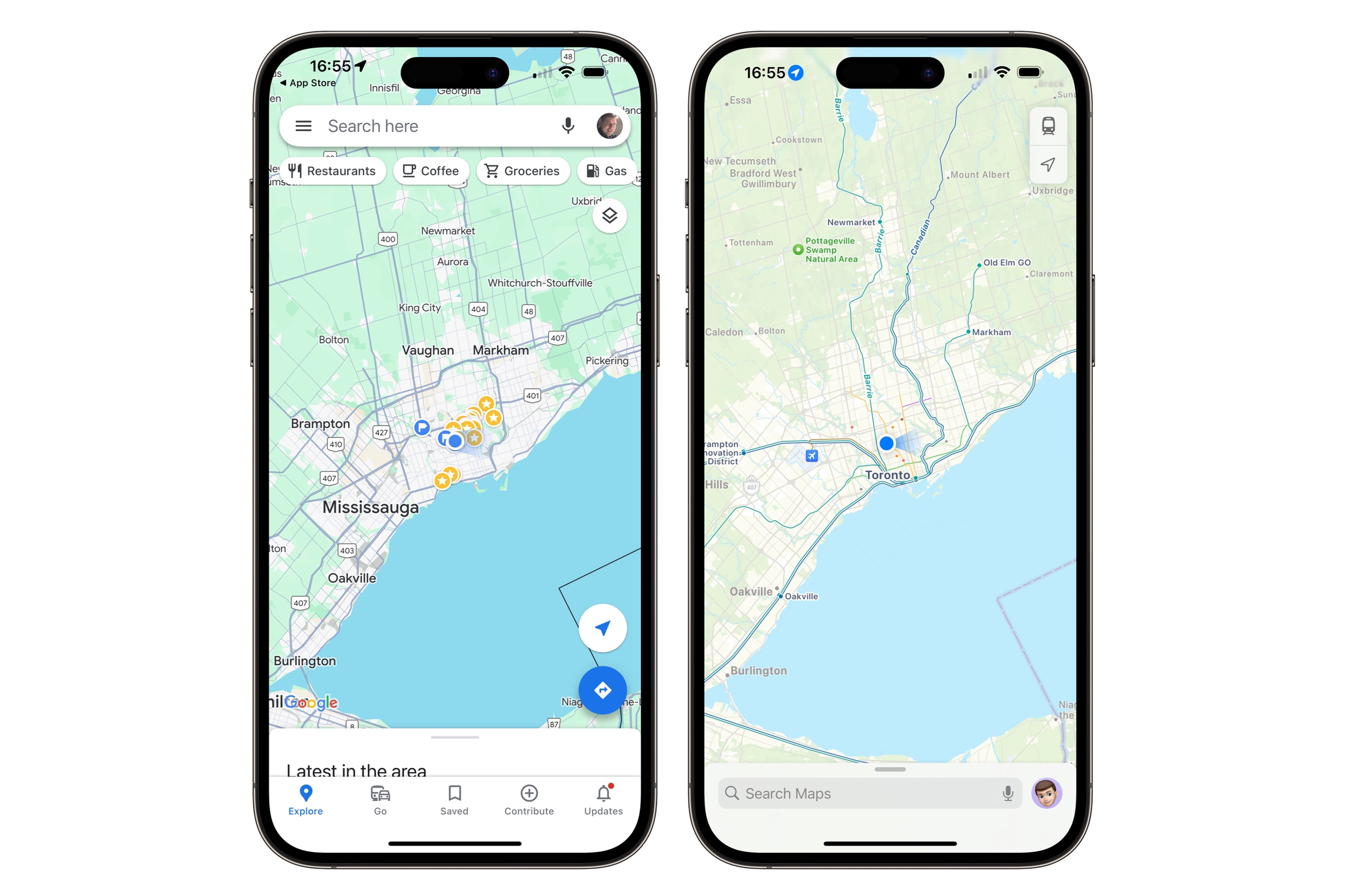 Two iPhones showing a comparison between Google Maps and Apple Maps.