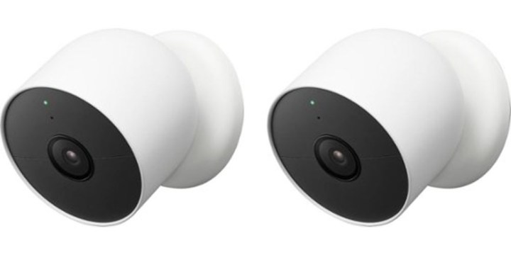 Two Google Nest Cams on a white background.