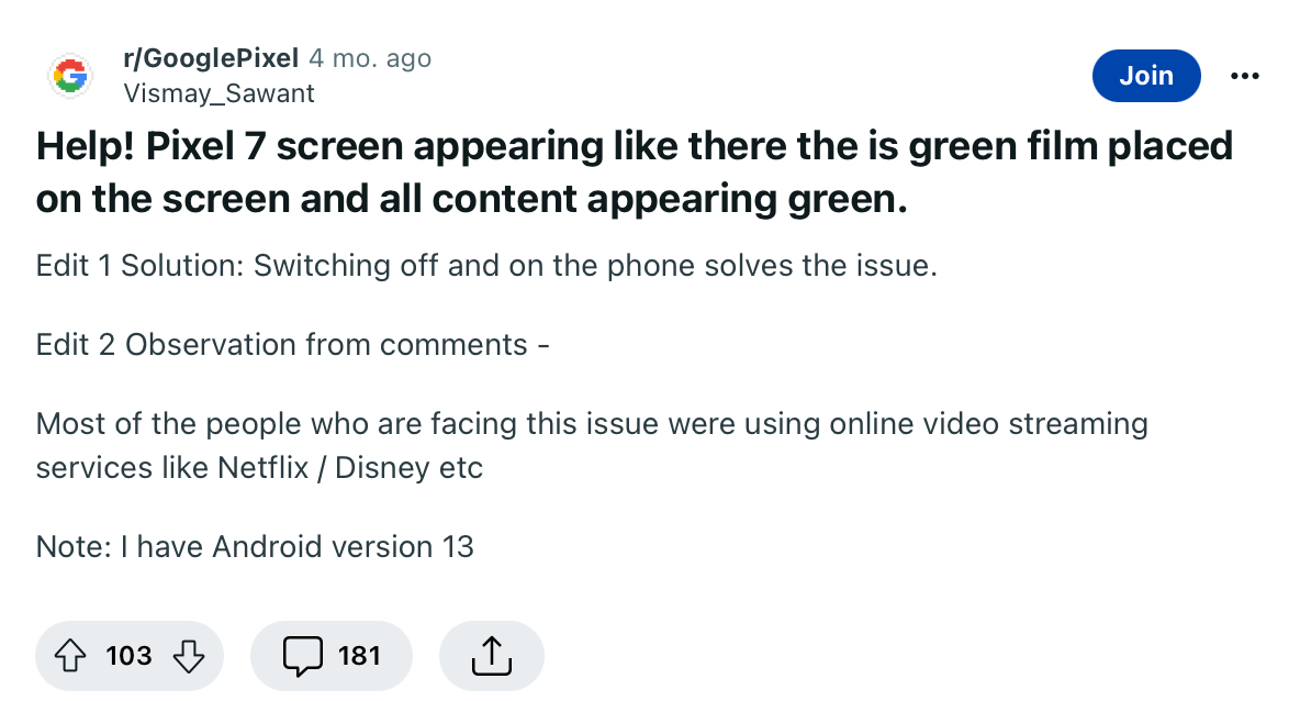Green tint complaint for Google Pixel phone.