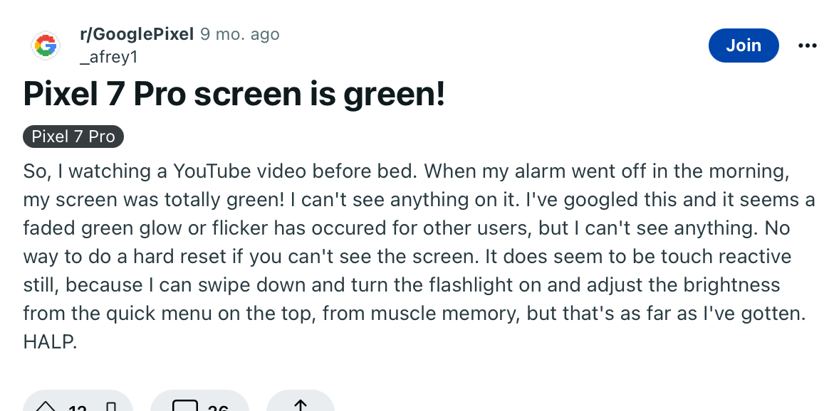 Green screen complaint for Google Pixel phone.