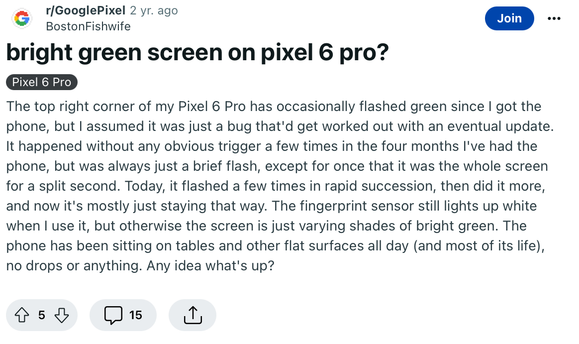 Green screen report on Google Pixel 6 Pro.