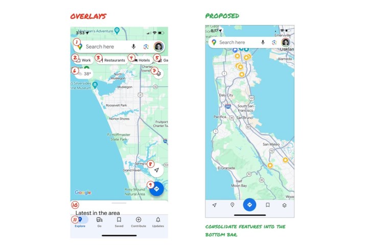 Comparación del rediseño existente de Google Maps y el nuevo diseño propuesto.