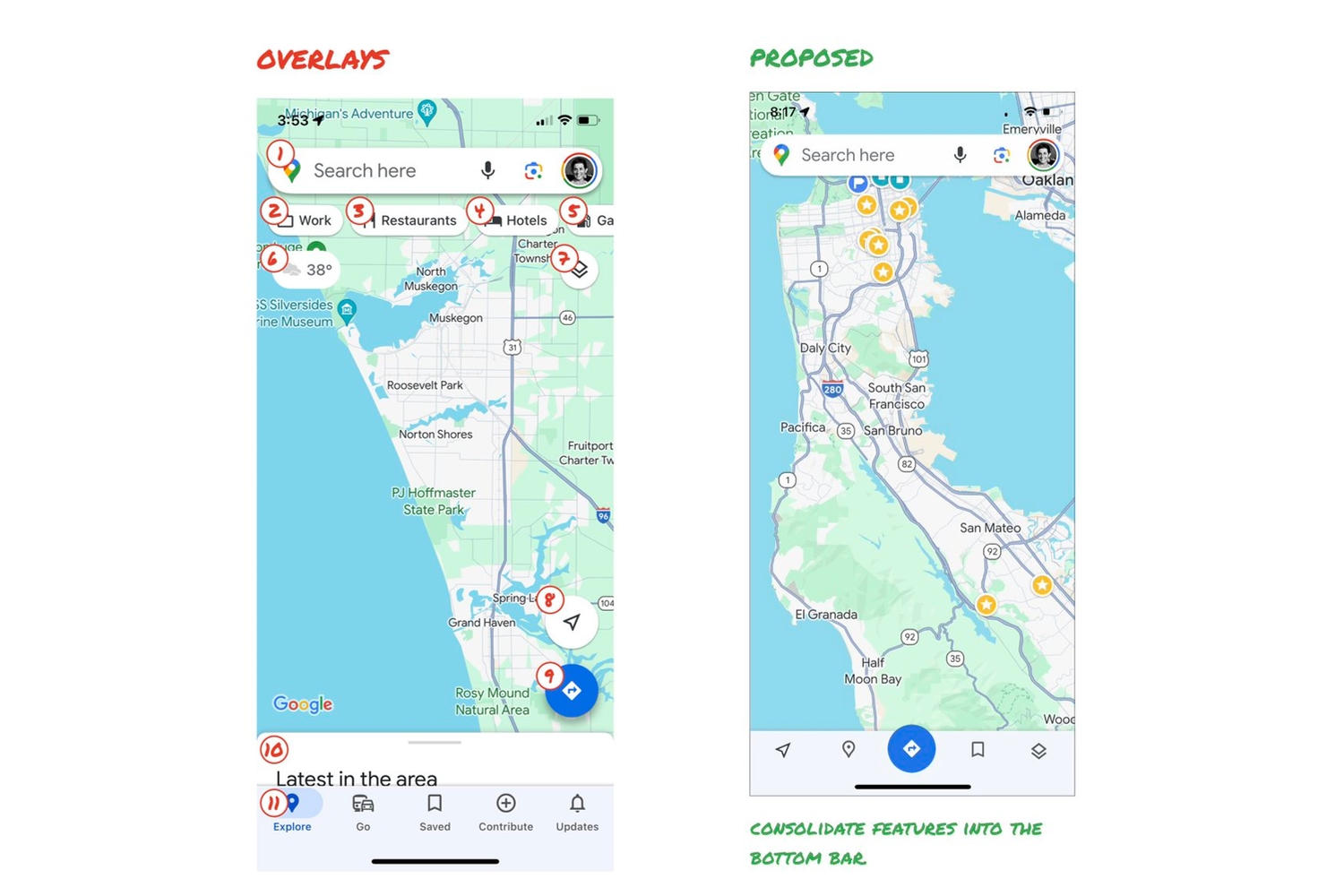 Comparison of existing Google Maps redesign and proposed new design.