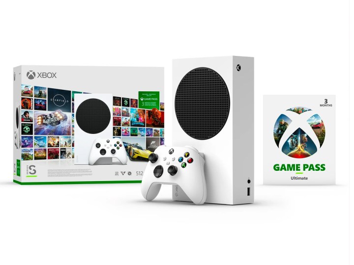 The Xbox Series S starter bundle against a achromatic background.