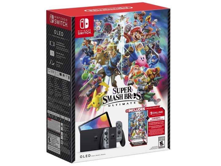 The box of the Nintendo Switch OLED Super Smash Bros. Ultimate bundle.