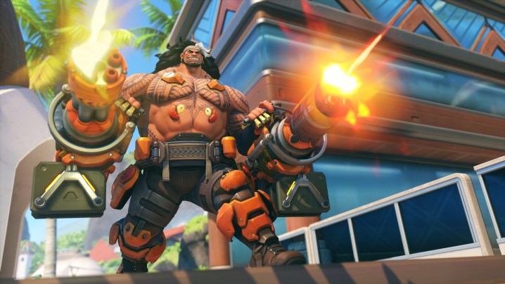 Mauga fires his two guns in Overwatch 2.