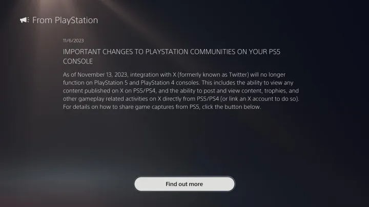Die Benachrichtigung enthüllt, dass die X/Twitter-Integration auf PS4 und PS5 eingestellt wird.