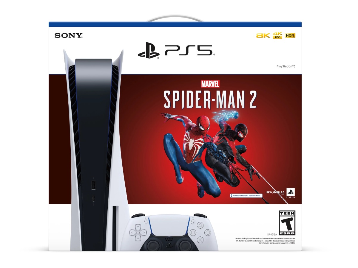 PlayStation 5 डिस्क कंसोल मार्वल के स्पाइडर-मैन 2 बंडल का बॉक्स।