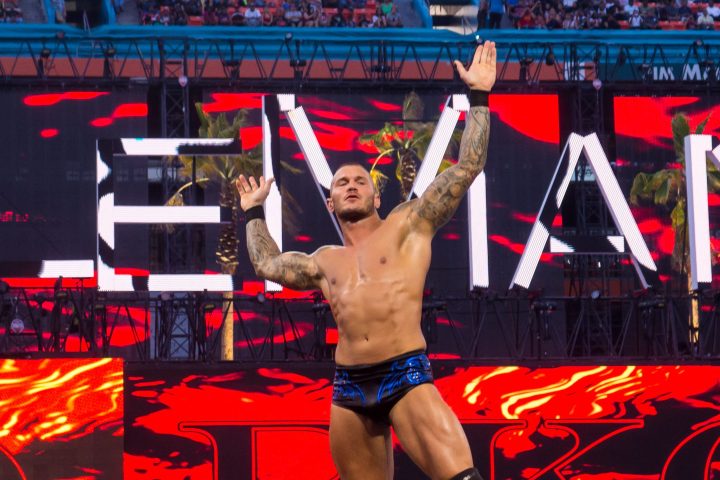 Randy Orton stands on the turnbuckle and puts his arms up.
