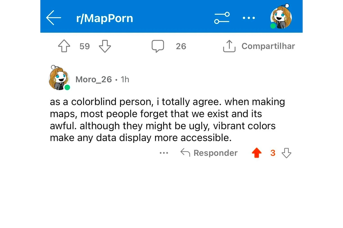 Reddit post from a user commenting on Google Maps redesign and colorblind users.
