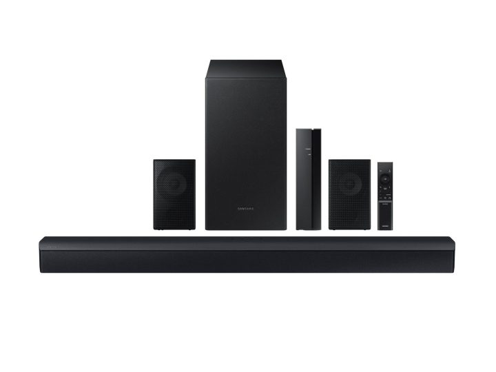 The complete SAMSUNG B-Series 4.1.CH Soundbar & Rear Speakers with Subwoofer, Bluetooth, HW-C47M/ZA 2023 set on display.