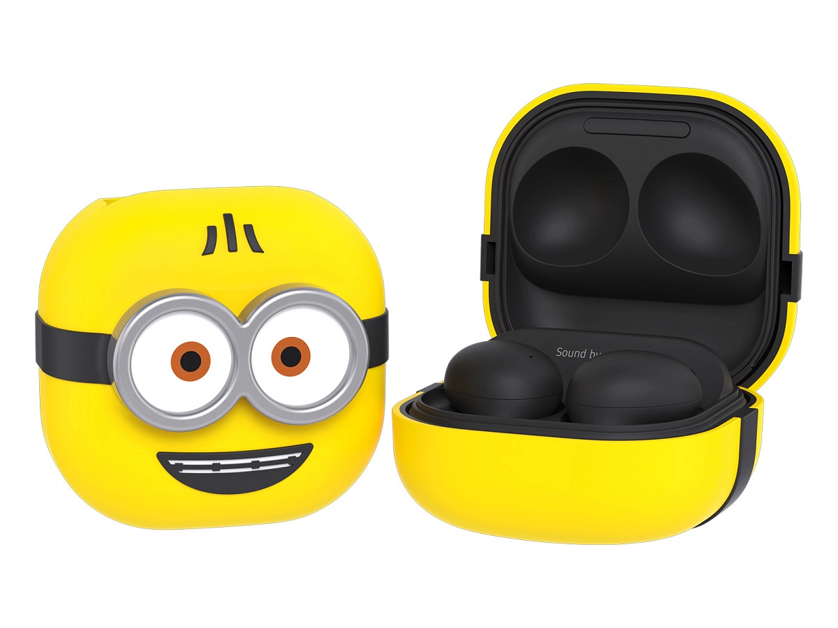 The Samsung Galaxy Buds 2 Pro Minions Edition with the charging case.
