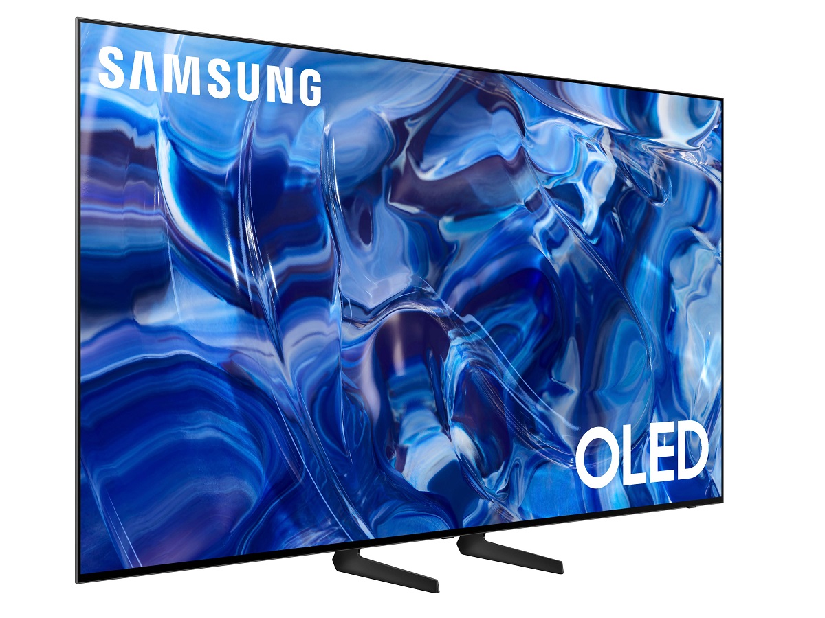 The Samsung S89C OLED 4K TV with an abstract scene on the screen.