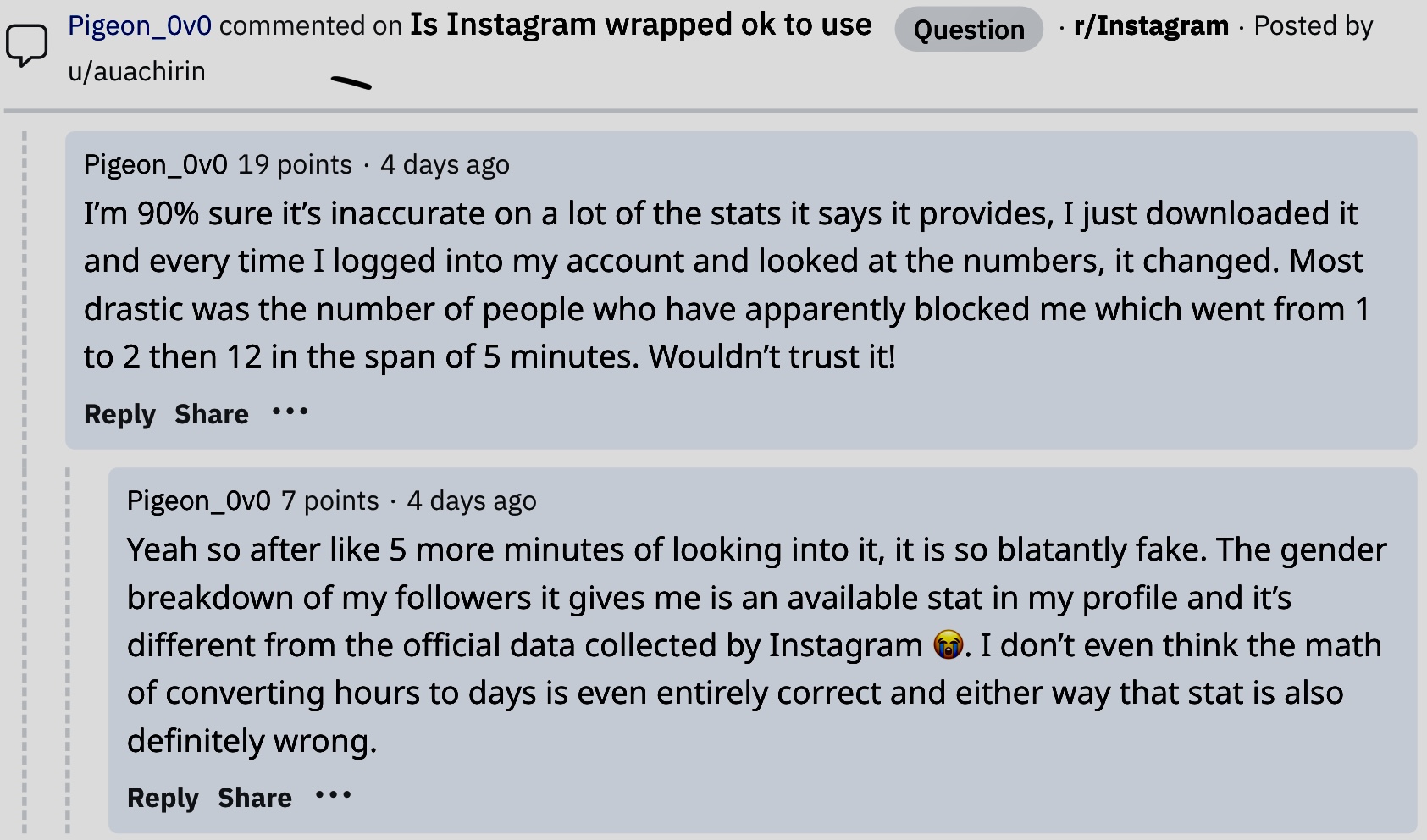 Complaints regarding Wrapped for Instagram app 3.