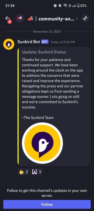 Sunbird – برنامه iMessage برای اندروید – فقط خاموش شد
