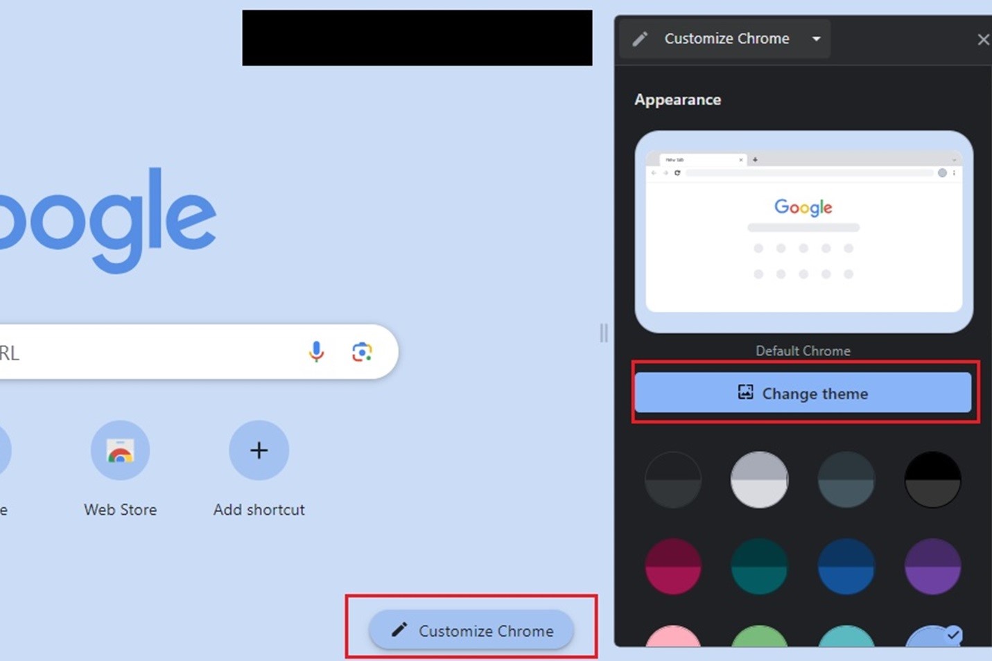 Chrome को अनुकूलित करें और फिर थीम बदलें बटन का चयन करें।
