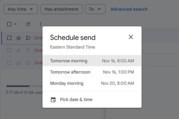 Selecting a date and time using Schedule Send feature in Gmail.