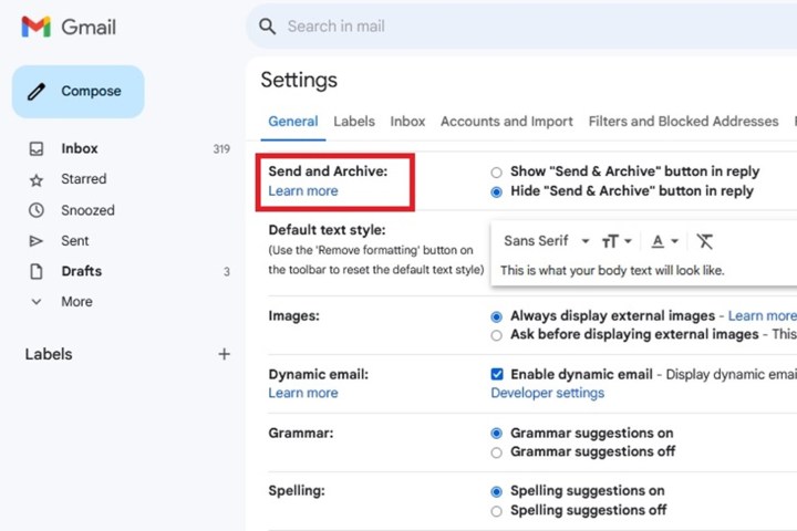 The Send and Archive settings in Gmail.