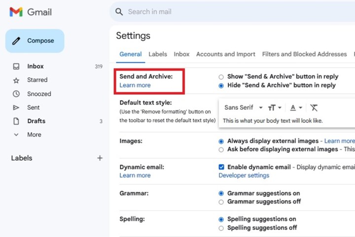 La configuración de Enviar y Archivar en Gmail.