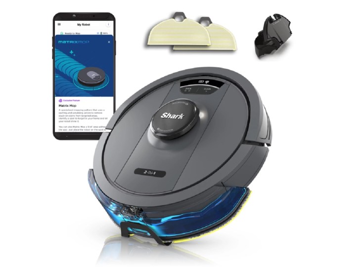 The Shark IQ 2-in-1 RV2402WD robot vacuum and mop with its app and attachments.
