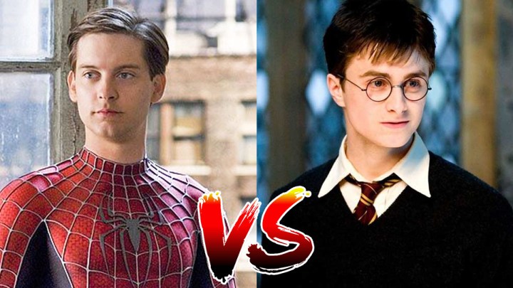 Tobey Maguire as Spider-Man and Daniel Radcliffe as Harry Potter.