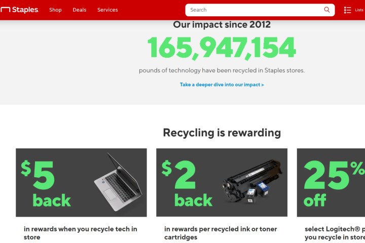 Staples e-waste recycling program has taken in over 165 million pounds of technology since 2012.