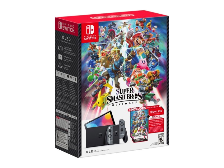 The Super Smash Bros. Ultimate Nintendo Switch OLED Bundle packaging against a white background.