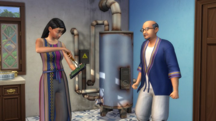 A female Sim with dark brown hair fixes an elderly Sim's broken water heater.
