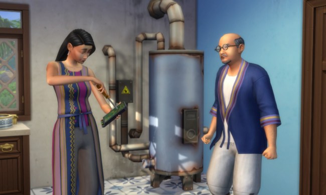 A woman Sim fixing a boiler next to a male Sim in the Sims 4 For Rent expansion.