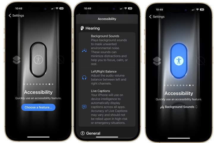 Choosing accessibility background sounds for use with the iPhone 15 Pro's Action button.