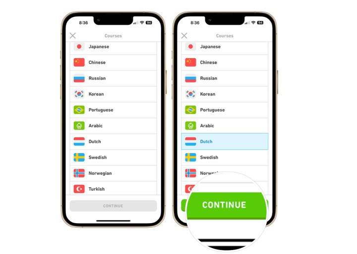 Una captura de pantalla que muestra cómo agregar un nuevo idioma a tu cuenta de Duolingo en iPhone.