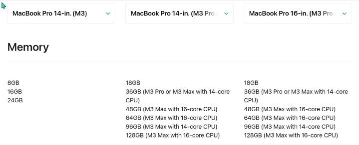 Снимок экрана, показывающий объем памяти, доступный в каждом режиме MacBook Pro.