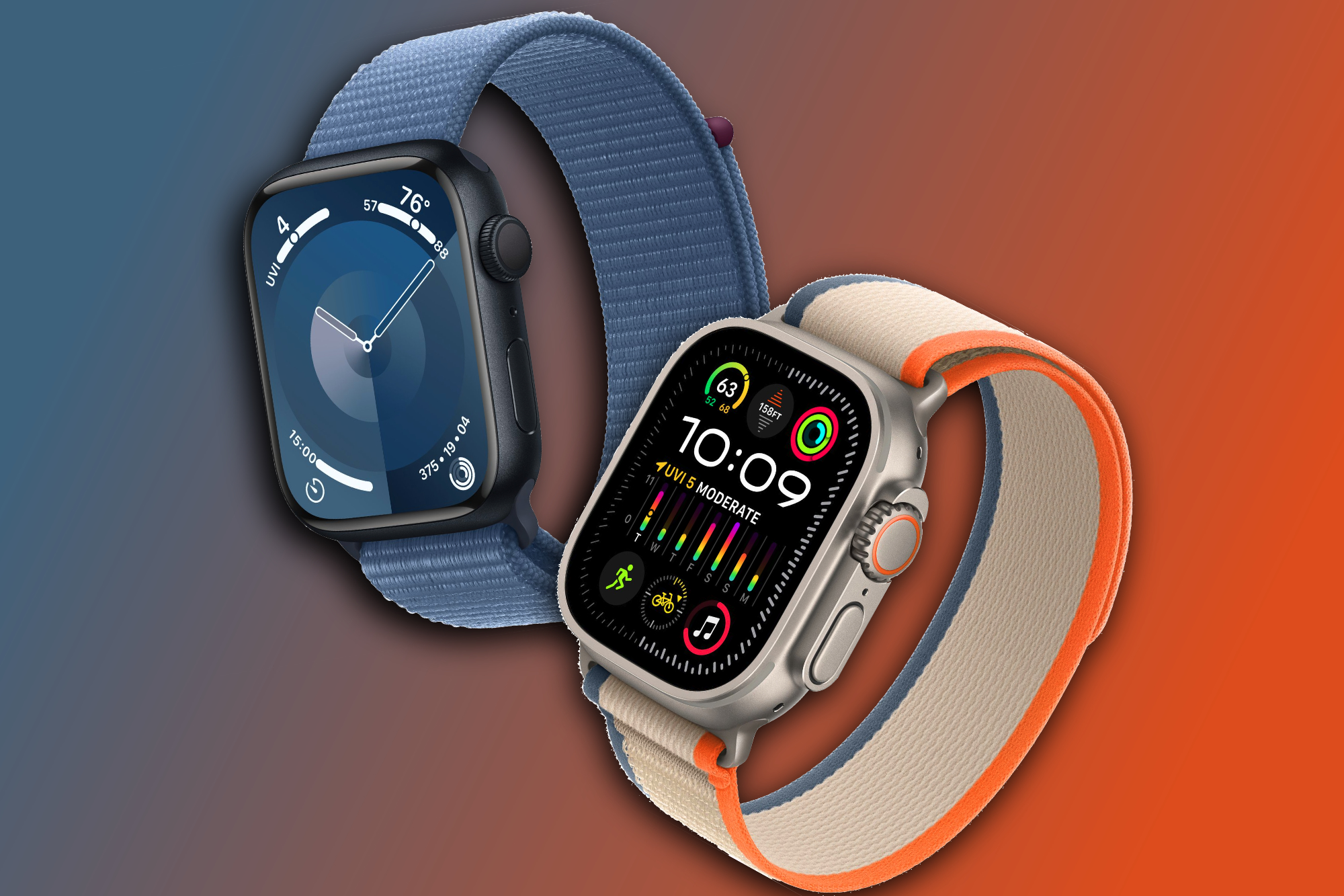 Renders of the Apple Watch Series 9 and Apple Watch Ultra 2 next to each other.