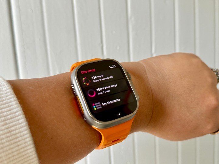 Apple Watch Ultra worn on wrist showing One Drop app.