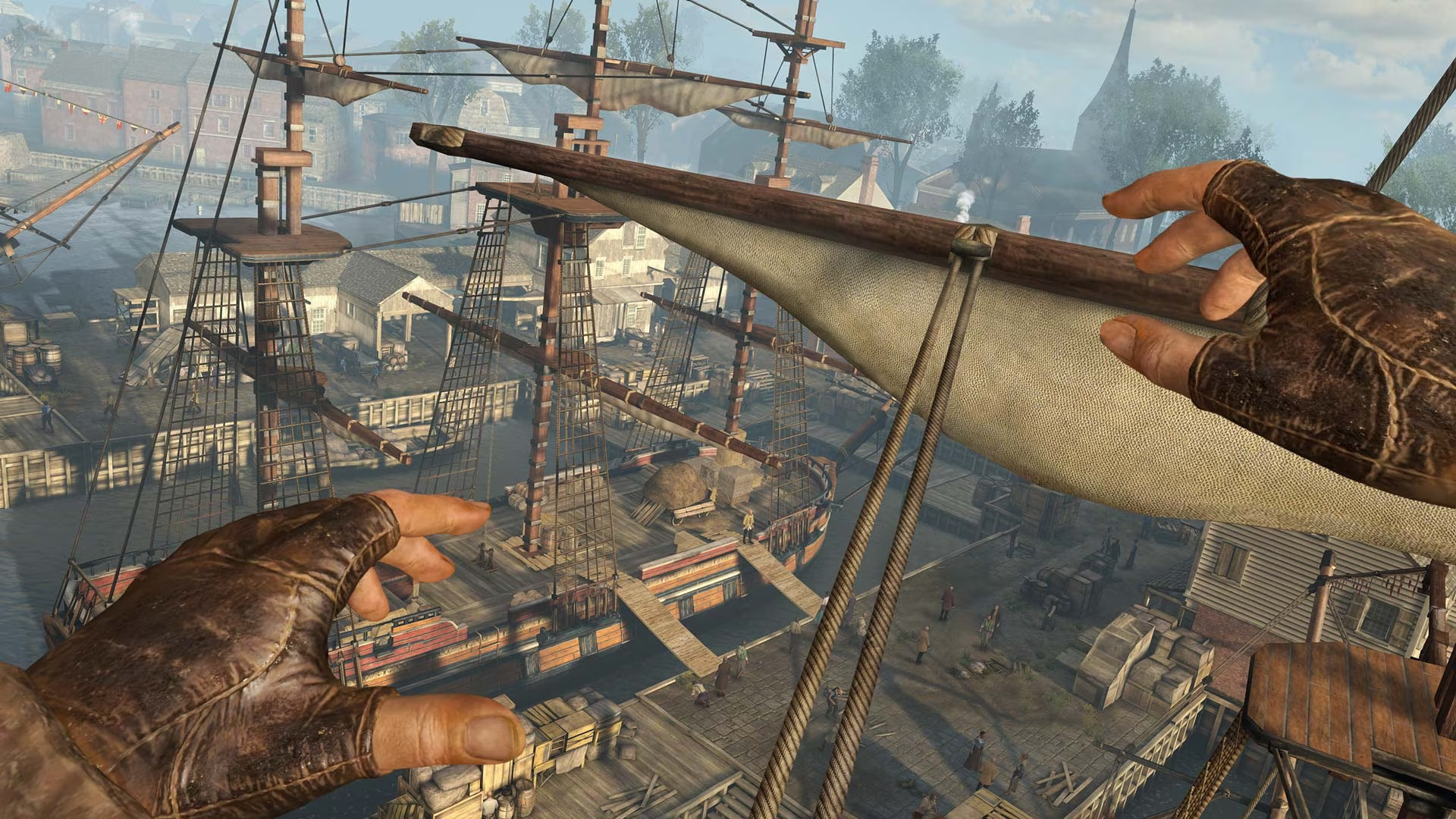 Connor leaps towards a boat in Assassin's Creed Nexus VR.