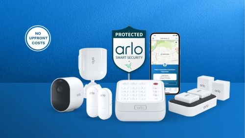 The Arlo Total Security package on a blue background.
