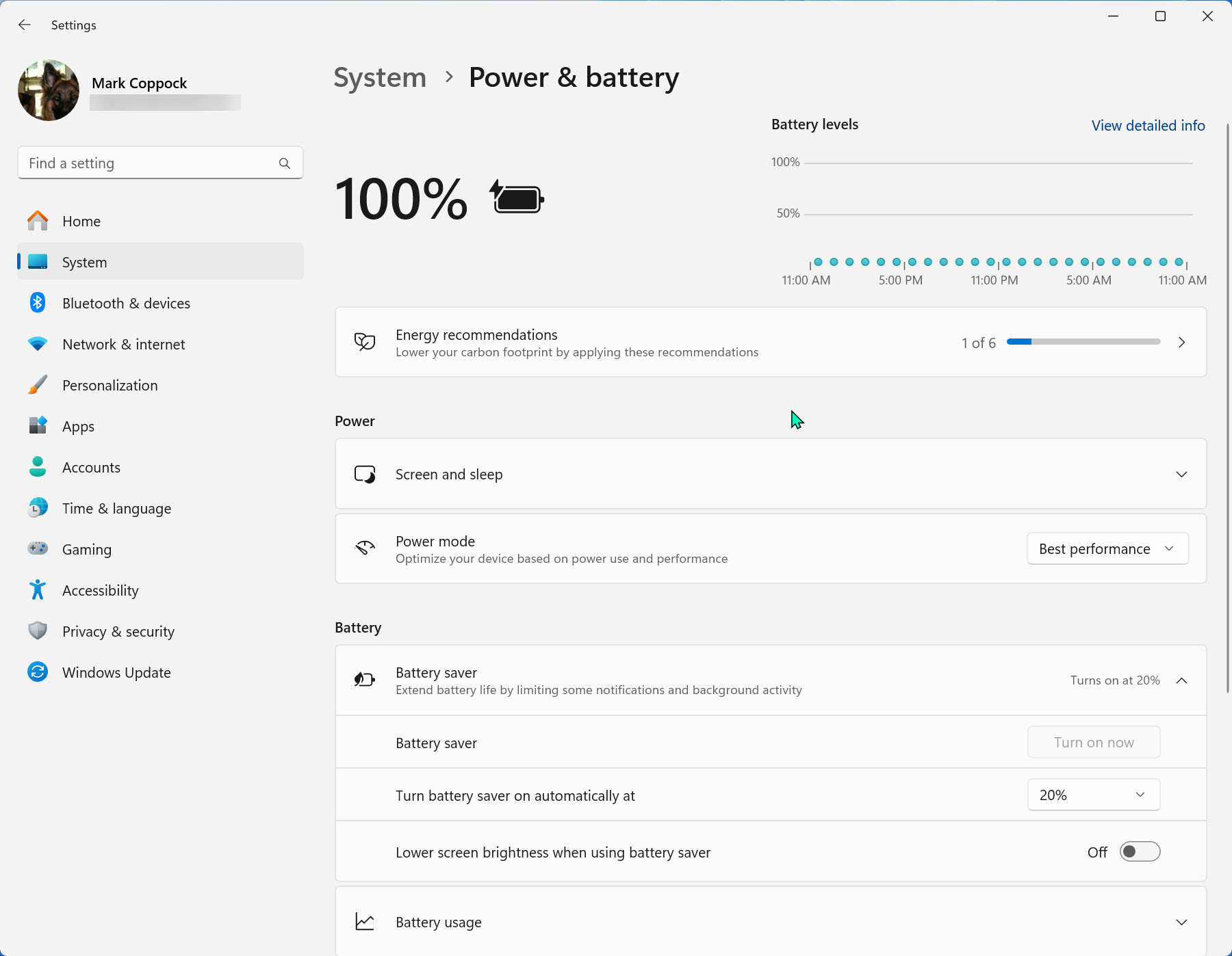 Windows 11 screenshot showing Battery Saver options.